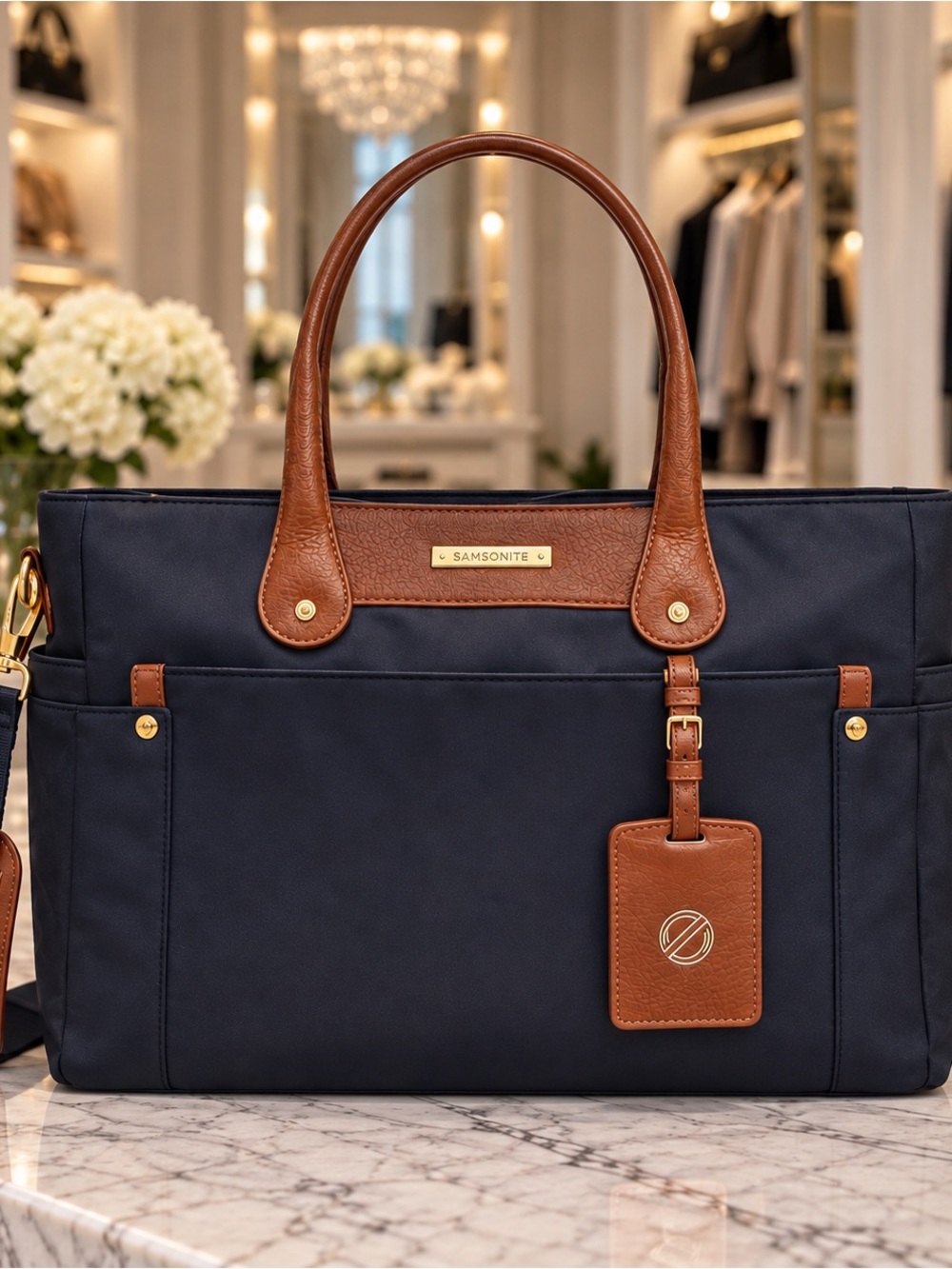 Adrienne Vittadini Nylon Tote Bag w/Cognac Leather Trim & Red Interior